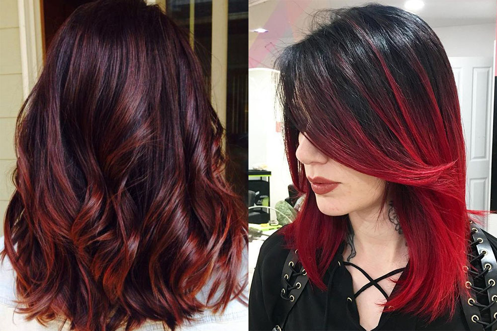 Покраска волос темные с красными прядями фото